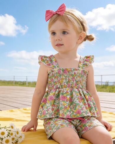 Mioglrie Toddler Baby Girl Summer Clothes Infant Spring Outfits Ruffle Sleeveless Shirt Baby Shorts Headband Clothing Set in Saudi Arabia