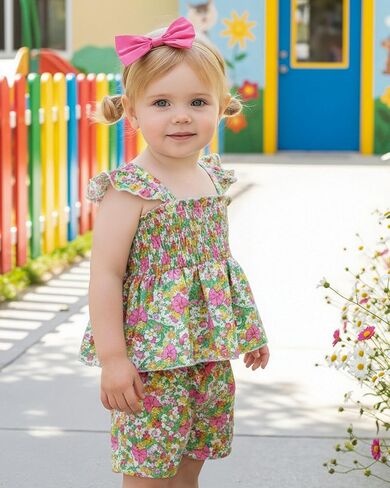 Mioglrie Toddler Baby Girl Summer Clothes Infant Spring Outfits Ruffle Sleeveless Shirt Baby Shorts Headband Clothing Set in Saudi Arabia