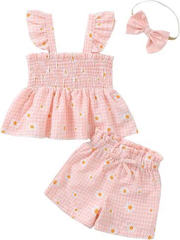 Mioglrie Toddler Baby Girl Summer Clothes Infant Spring Outfits Ruffle Sleeveless Shirt Baby Shorts Headband Clothing Set in Saudi Arabia