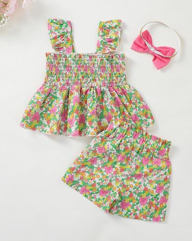 Mioglrie Toddler Baby Girl Summer Clothes Infant Spring Outfits Ruffle Sleeveless Shirt Baby Shorts Headband Clothing Set in Saudi Arabia