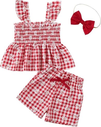 Mioglrie Toddler Baby Girl Summer Clothes Infant Spring Outfits Ruffle Sleeveless Shirt Baby Shorts Headband Clothing Set in Saudi Arabia