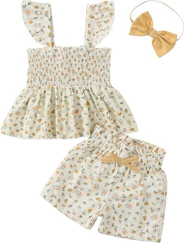 Mioglrie Toddler Baby Girl Summer Clothes Infant Spring Outfits Ruffle Sleeveless Shirt Baby Shorts Headband Clothing Set in Saudi Arabia