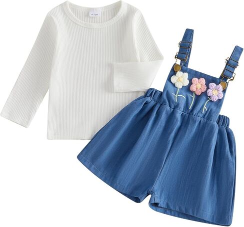 Adobabirl Toddler Baby Girl Clothes Long Sleeve Ribbed Shirt 3D Floral Denim Overalls Shorts Cute Spring Summer Outfits in Kuwait