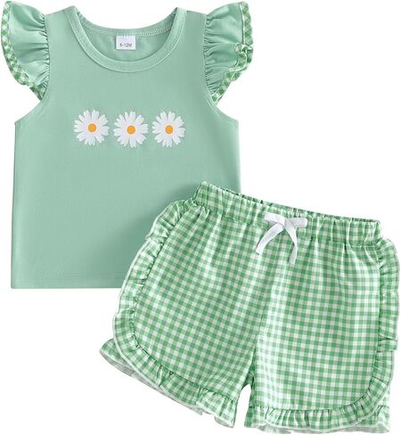 Toddler Baby Girls Summer Outfit Daisy Flower Printed Tshirt Tops with Plaid Ruffle Shorts 2Pcs Short Sets in Saudi Arabia