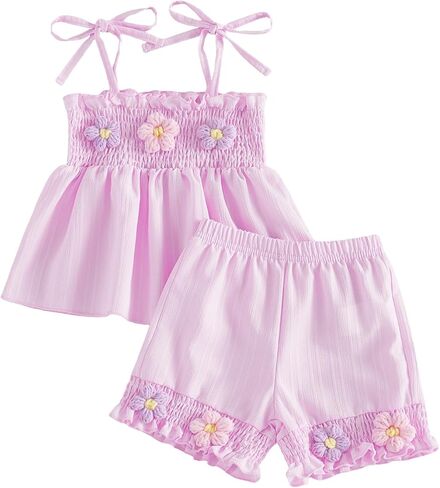 Amnnchya Baby Girl Summer Clothes 3D Floral Sleeveless Smocked Vest Tank Tops Ruffle Shorts Set Toddler Outfits For Girls in Kuwait