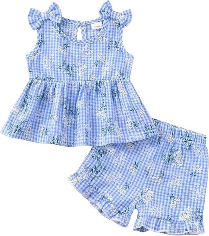 Kucnuzki Cute Toddler Baby Girl Clothes Summer Tank Tops T Shirt Ruffle Trim Kids Shorts 2 Piece Set Floral Print Outfit in Kuwait