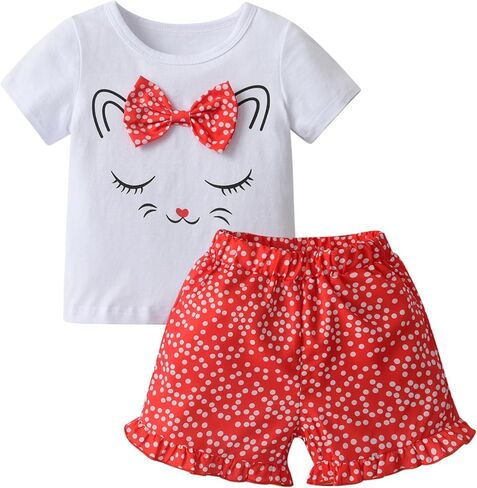 Toddler Baby Girl Clothes Ruffle Short Sleeves T-Shirt Tops and Shorts Set Cute Cat Print Summer Outfits in Kuwait