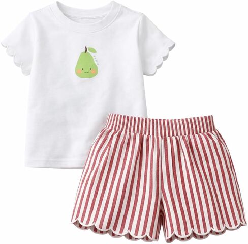 Toddler Girls 2-Piece Short Set, Pear Graphic T-Shirt and Red Striped Scalloped Shorts, Casual Outfit in Kuwait
