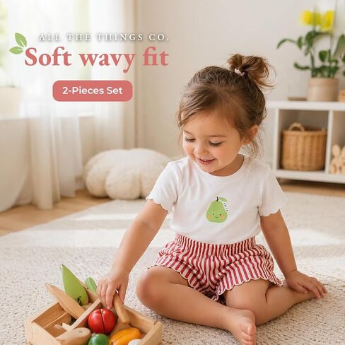 Toddler Girls 2-Piece Short Set, Pear Graphic T-Shirt and Red Striped Scalloped Shorts, Casual Outfit in Kuwait