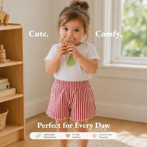 Toddler Girls 2-Piece Short Set, Pear Graphic T-Shirt and Red Striped Scalloped Shorts, Casual Outfit in Kuwait