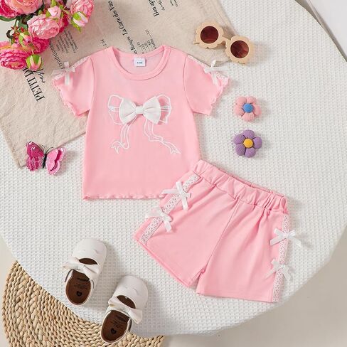 Baby Girls' 2 Piece Outfit Toddler Pink Bow Print Ruffle Hem Top + Lace Trim Shorts Set, Summer Casual Clothes in Saudi Arabia