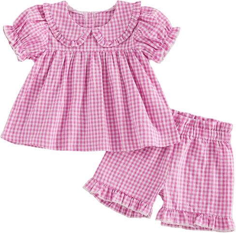 Toddler Baby Girl Outfit Peter Pan Collar Sleeveless Vest Tops Gingham Print Elastic Waist Shorts Set Summer Clothes in Saudi Arabia