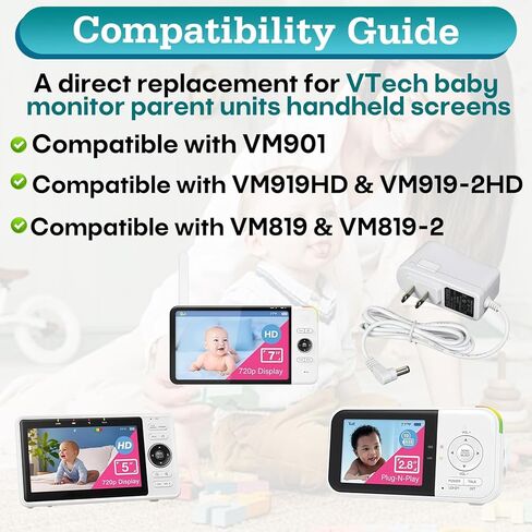شاحن أبيض لمراقبة الأطفال مكون من قطعتين متوافق مع وحدات مراقبة الوالدين VTech، متوافق مع شاشات VM901، VM919HD، VM919-2HD، VM819، VM819-2 المحمولة، سلك محول طاقة 5 فولت تيار مستمر in Kuwait