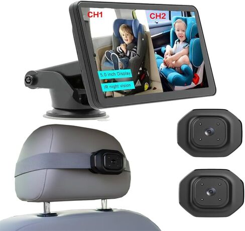 Car Baby monitorr，Baby Car Camera for 2 Kids - 5" Dual Channel Car Baby Monitor with Split Screen,Night Vision, Wide View, Easy Install Rear Facing Backseat Camera for Baby in Kuwait