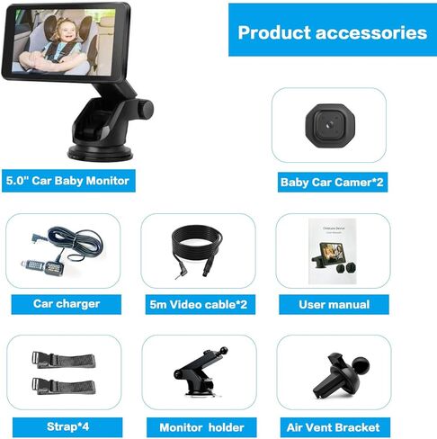Car Baby monitorr，Baby Car Camera for 2 Kids - 5" Dual Channel Car Baby Monitor with Split Screen,Night Vision, Wide View, Easy Install Rear Facing Backseat Camera for Baby in Kuwait