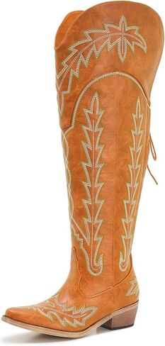 Brown Womens Wide Calf Over the Knee Western Cowboy Boots Adjustable Tie Cowgirl Boots Plus Size Low Heel Square Toe Long in Kuwait