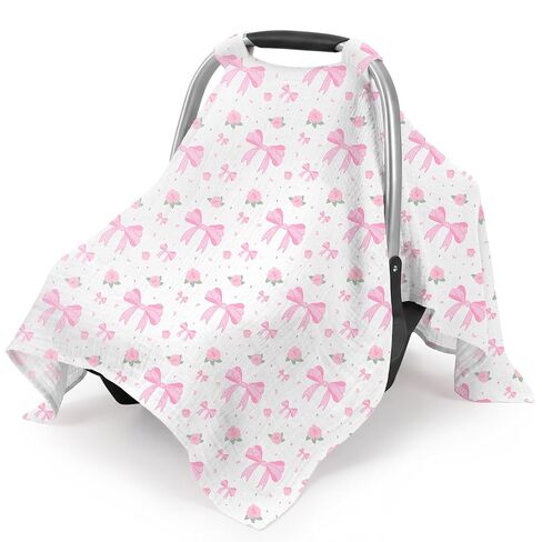 Car Seat Cover Baby, 100% Muslin Cotton Infant Car Seat Canopy, Universal Baby Car Seat Cover, Breathable Nursing Cover Canopy Shower Gift Pink Bow in Saudi Arabia