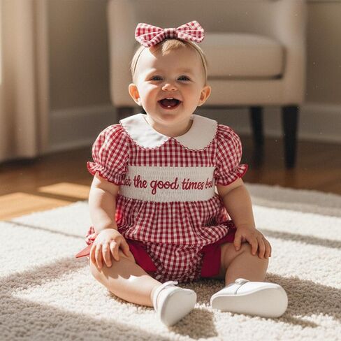 Toddler Baby Girl Summer Clothes Plaid Letter Lobster Embroidery Short Sleeves Dress/Shirt Romper Bodysuit in Saudi Arabia