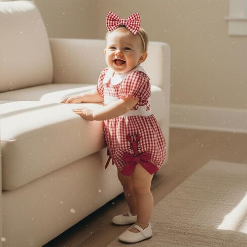 Toddler Baby Girl Summer Clothes Plaid Letter Lobster Embroidery Short Sleeves Dress/Shirt Romper Bodysuit in Saudi Arabia