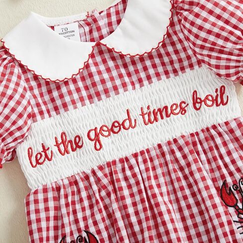 Toddler Baby Girl Summer Clothes Plaid Letter Lobster Embroidery Short Sleeves Dress/Shirt Romper Bodysuit in Saudi Arabia