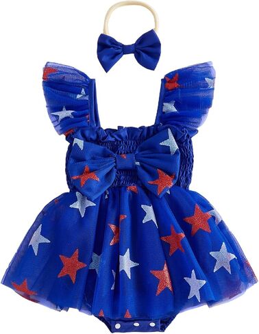 4th of July Baby Girl Romper Dress Newborn Fourth Star Mesh Outfits American Flag Independence Day Clothes in Kuwait