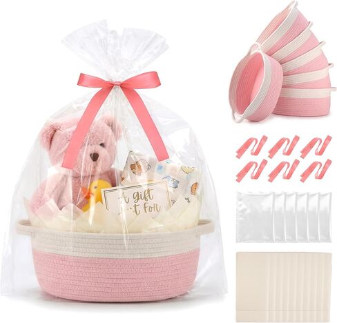 4 Pack Small Woven Baskets with Gift Bags, Ribbons, Wrap Tissue Papers – Gift Baskets Empty to Fill for Valentines, Baby Shower, Easter, Christmas Day, Decorative Storage Bins for Toys in Kuwait