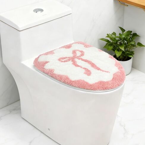 Pink Bow Bathroom Toilet Seat Cover Delicate Wavy Edge Cute Bow Toilet Seat Cover 17.5“ x 15" Machine Washable Stylish and Soft Bathroom Decor Fits Most Round, Oval, and Rectangular Toilet Seats in Kuwait