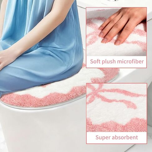 Pink Bow Bathroom Toilet Seat Cover Delicate Wavy Edge Cute Bow Toilet Seat Cover 17.5“ x 15" Machine Washable Stylish and Soft Bathroom Decor Fits Most Round, Oval, and Rectangular Toilet Seats in Kuwait