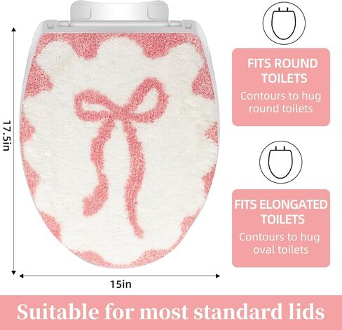 Pink Bow Bathroom Toilet Seat Cover Delicate Wavy Edge Cute Bow Toilet Seat Cover 17.5“ x 15" Machine Washable Stylish and Soft Bathroom Decor Fits Most Round, Oval, and Rectangular Toilet Seats in Kuwait