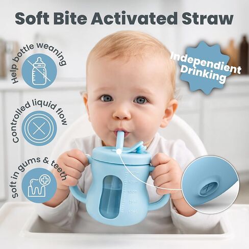 Silicone Sippy Training Cups with Straw 2-Pack, 6 oz Leak Proof Toddler Cups for Babies 6–36 Months, Bottle Weaning Cup Set, BPA Free Silicone with Handles, Green and Blue in Kuwait