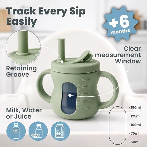 Silicone Sippy Training Cups with Straw 2-Pack, 6 oz Leak Proof Toddler Cups for Babies 6–36 Months, Bottle Weaning Cup Set, BPA Free Silicone with Handles, Green and Blue in Kuwait