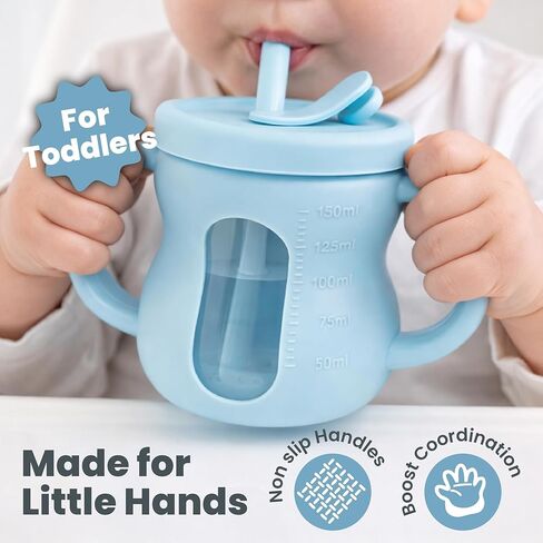 Silicone Sippy Training Cups with Straw 2-Pack, 6 oz Leak Proof Toddler Cups for Babies 6–36 Months, Bottle Weaning Cup Set, BPA Free Silicone with Handles, Green and Blue in Kuwait