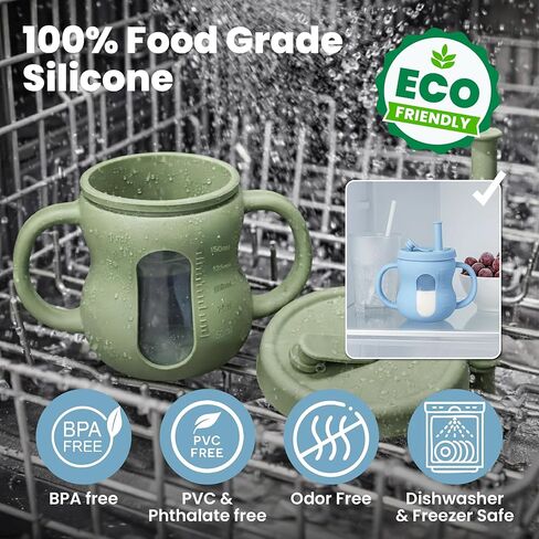 Silicone Sippy Training Cups with Straw 2-Pack, 6 oz Leak Proof Toddler Cups for Babies 6–36 Months, Bottle Weaning Cup Set, BPA Free Silicone with Handles, Green and Blue in Kuwait