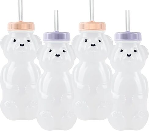 Honey Bear Straw Cups for Babies 4 pack, 8oz straw bear cup with improved safety lid design, honey bear cup and honey bear bottle. Straw learning therapy cup. Leak-Proof & Food-Grade & BPA Free in Kuwait