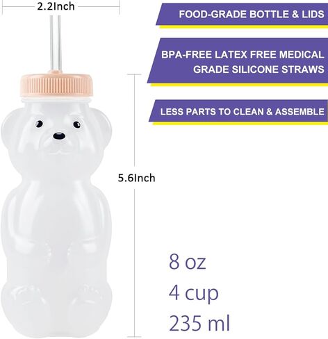 Honey Bear Straw Cups for Babies 4 pack, 8oz straw bear cup with improved safety lid design, honey bear cup and honey bear bottle. Straw learning therapy cup. Leak-Proof & Food-Grade & BPA Free in Kuwait
