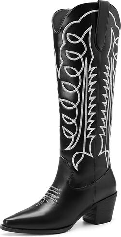 Cowgirl Boots - Womens Cowboy Boots with Colorful Bows Embroidered Western White Knee-High Boots Pull On Pointed Toe Chunky Heel Fashion Ladies Tall Boots in Kuwait