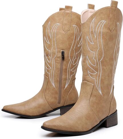 Cowboy Boots for Women, Pointed Toe Chunky Heel Western Boots, Mid Calf Embroidered Side Zip Brown Red Cowgirl Boots in Kuwait