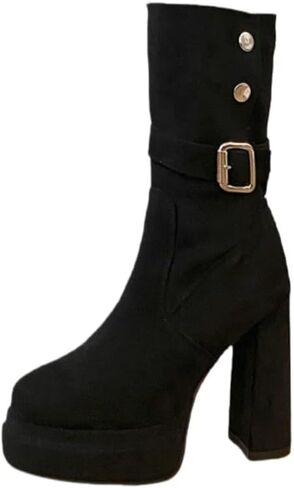 Women's solid-color chunky high-heeled boots. Simple design. Suitable for autumn and winter. Anti-slip rubber sole. in Kuwait