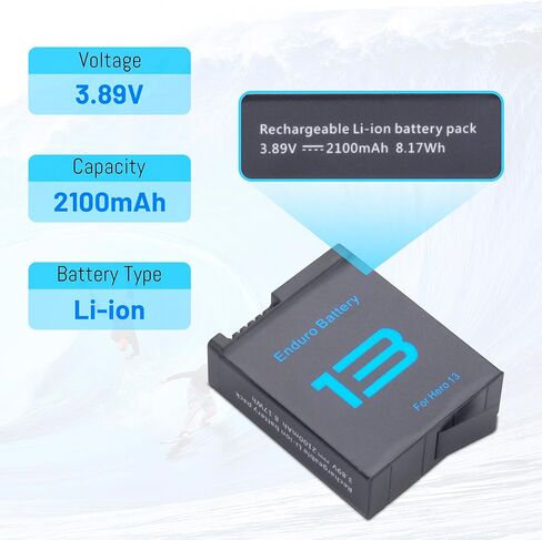 3 عبوات بطارية عالية السعة مع محطة شاحن بطارية ثلاثية القنوات متوافقة مع كاميرا Hero 13 Black Sport Action Camera 8.17Wh 2100mAh in Kuwait