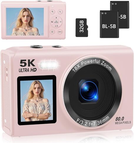 5K Digital Camera for Photography, 80MP Dual Screen Vlogging Camera for YouTube with WiFi, 16X Digital Zoom, Beauty Function, 2.8-inch Screen, Fill Light Includes 32GB Card & 2 Batteries (Pink) in Kuwait
