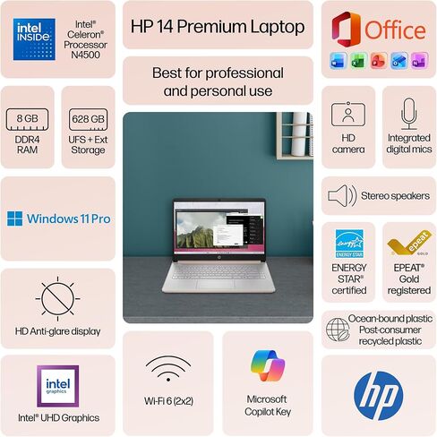 كمبيوتر محمول HP جديد 14 بوصة عالي الدقة وخفيف الوزن، معالج Intel Celeron رباعي النواة، ذاكرة الوصول العشوائي 8 جيجابايت، 192 جيجابايت (64 جيجابايت eMMC + بطاقة 128 جيجابايت)، واي فاي، حتى 11 ساعة، Windows 11 S + 1 سنة Office 365+HubxcelAccessory، وردي in Kuwait