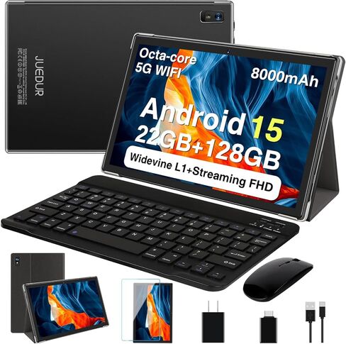 2025 Android 15 Tablet, 10 Inch Octa-Core Tablets 22GB+128GB+1TB Expand, 2-in-1 Electronic Tablet with Keyboard Mouse, 8000mAh Battery, HD IPS Display, GPS,Widevine L1, Split Screen, Metal Body -Black in Saudi Arabia