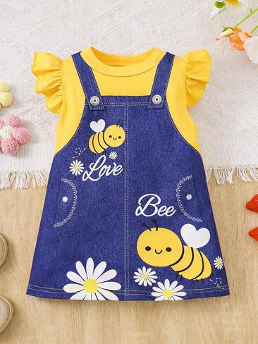 Baby Girl Pinafore Dress Flutter Sleeve Faux Denim Overall Style Bee Daisy Print A Line Dress in Kuwait