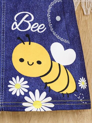 Baby Girl Pinafore Dress Flutter Sleeve Faux Denim Overall Style Bee Daisy Print A Line Dress in Kuwait