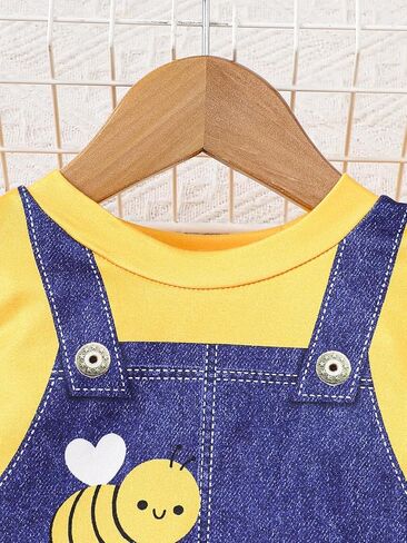 Baby Girl Pinafore Dress Flutter Sleeve Faux Denim Overall Style Bee Daisy Print A Line Dress in Kuwait