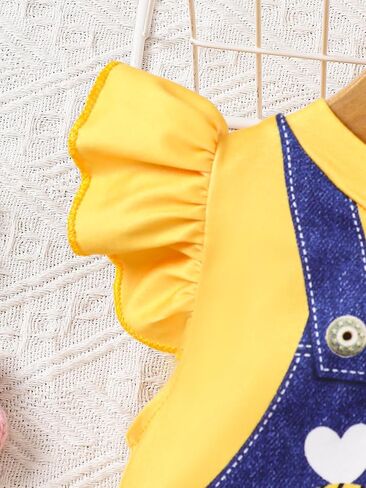 Baby Girl Pinafore Dress Flutter Sleeve Faux Denim Overall Style Bee Daisy Print A Line Dress in Kuwait