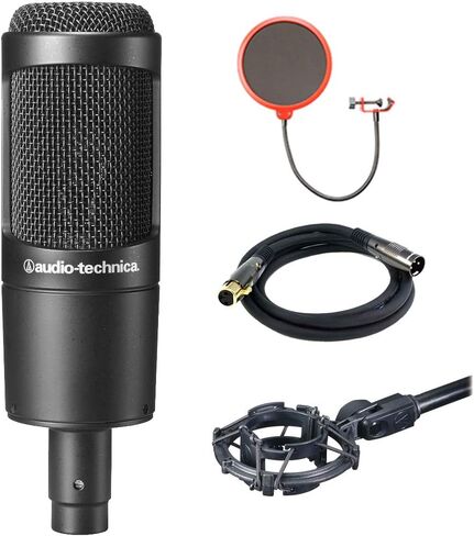 Audio-Technica (AT2035 حزمة ميكروفون مكثف استوديو الحجاب الحاجز الكبير + شاشة الرياح العالمية لمرشح البوب ​​مع مشبك حامل + 10 سلسلة Premier XLR ذكر - أنثى كابل 16AWG + حامل صدمات الميكروفون in Kuwait