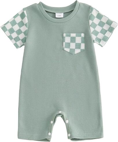Newborn Baby Boy Summer Outfit Romper Short Sleeve Plaid Print Patchwork Jumpsuits Cute Infant Waffle Clothes in Kuwait
