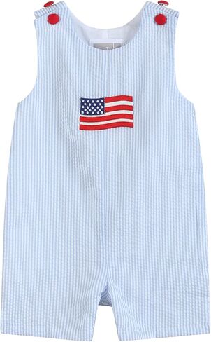 Lil cactus Boys Baby Toddler USA Happy 4th of July Smocked Blue Gingham American Flag Pocket Shortalls Cotton Summer Outfit in Saudi Arabia