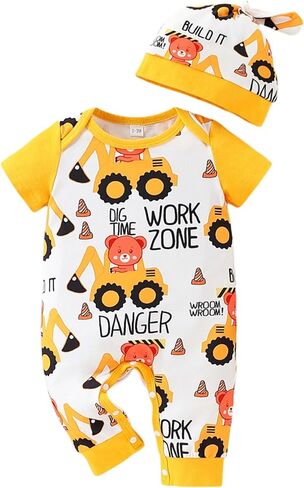 2Pack Newborn Baby Boy Romper Summer Short Sleeve Car Pattern Jumpsuit with Hat Infant Baby Boy Clothes Outfits in Kuwait